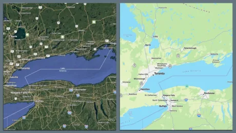 Modificarea denumirii Lacului Ontario pe Google Maps pentru utilizatorii din SUA.