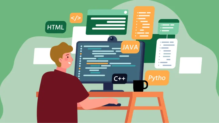 Un programator lucrează la cod, înconjurat de diverse limbaje de programare.