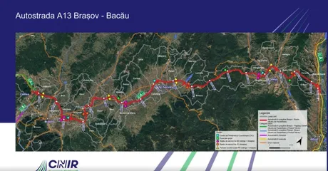 Harta autostrăzii A13 Brașov–Bacău cu loturile și nodurile rutiere.