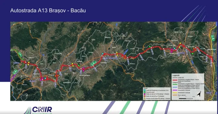 Harta autostrăzii A13 Brașov–Bacău cu loturile și nodurile rutiere.