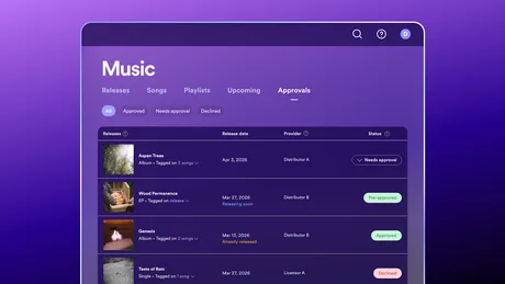 Interfața Spotify pentru aprobarea lansărilor artistice, evidențiind starea acestora.