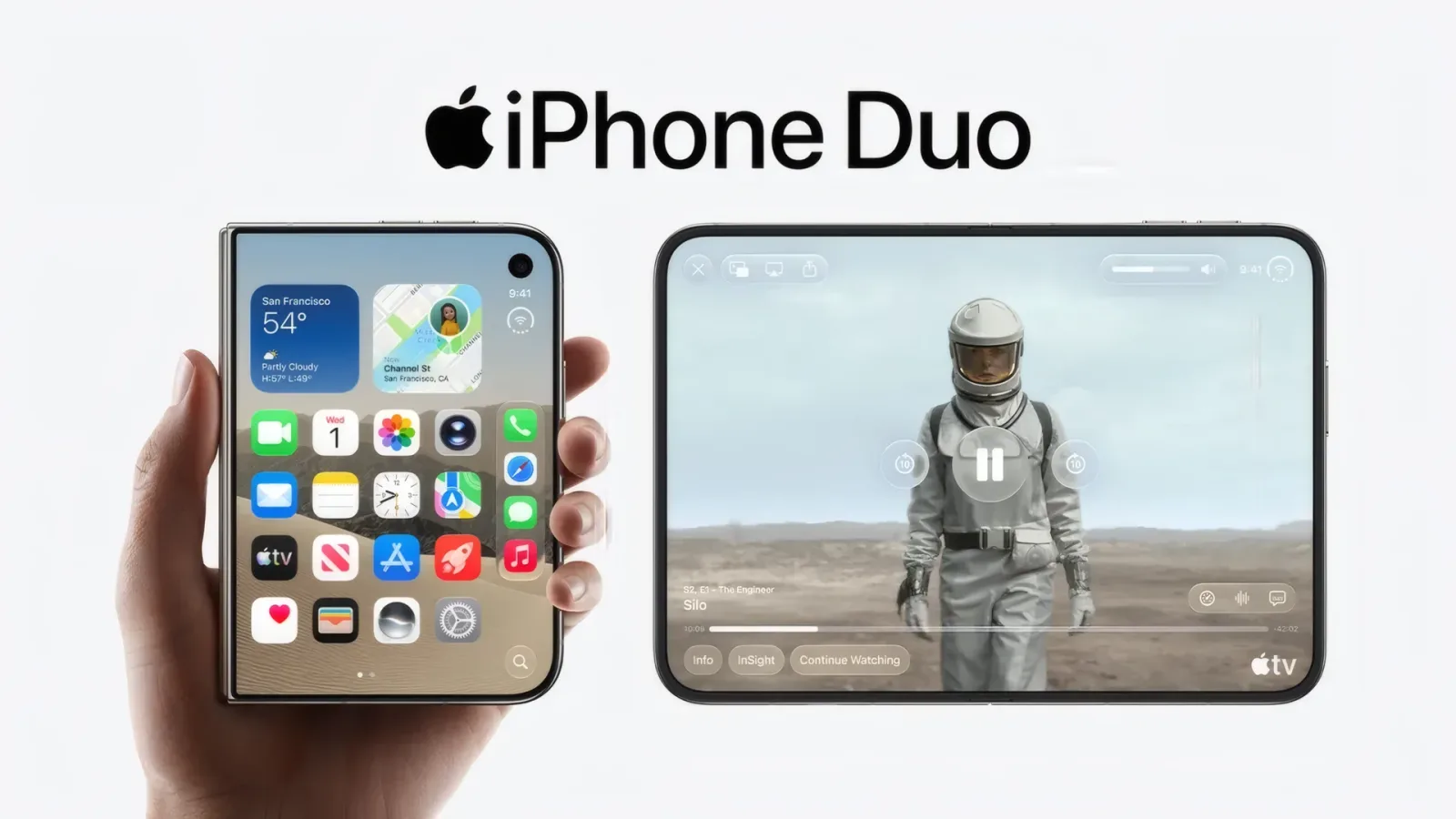 iPhone Duo pliabil cu ecran dual și interfață modernă, evidențiind aplicații și multimedia.