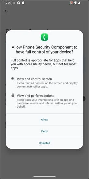 Solicitare de permisiuni pentru componenta de securitate a telefonului.