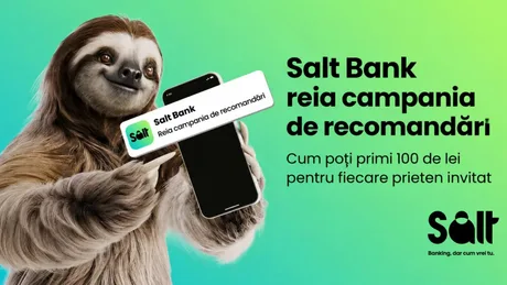 Un animal simpatic ține un telefon cu aplicația Salt Bank deschisă, promovând programul de recomandări.