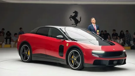Modelul electric Ferrari Luce, expus într-un eveniment de lansare.