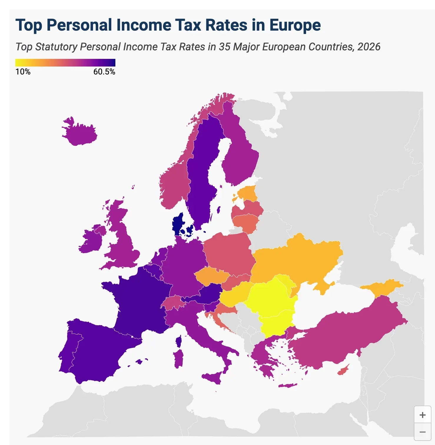 Harta Europei cu ratele impozitelor pe venit personal în 2026.