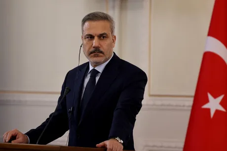 Ministrul turc de Externe, Hakan Fidan, la o conferință de presă.