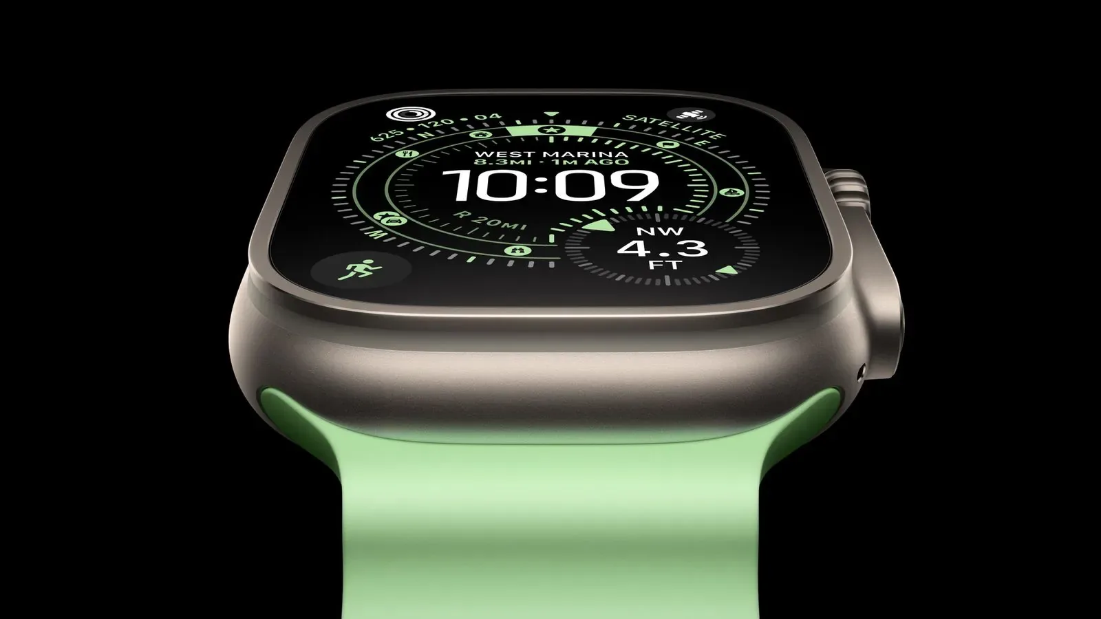 Apple Watch cu ecran OLED, design modern și curea verde deschis.