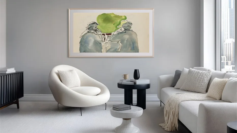 O lucrare de artă pe un perete într-un interior modern și elegant.