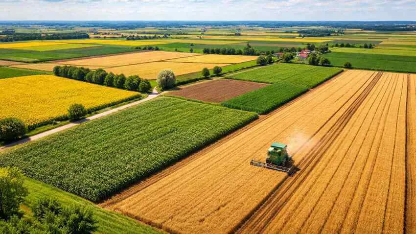 Peisaj agricol danez cu câmpuri verzi și aurii, sub un cer senin.