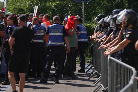 Protest al crescătorilor de ovine cu jandarmi și incidente în fundal.