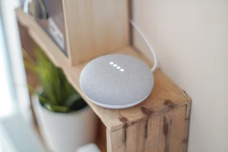 Dispozitiv smart Google pe un raft din lemn, alături de plante decorative.