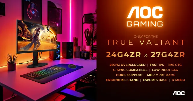 Setup gaming cu monitoarele AOC 24G4ZR și 27G4ZR.