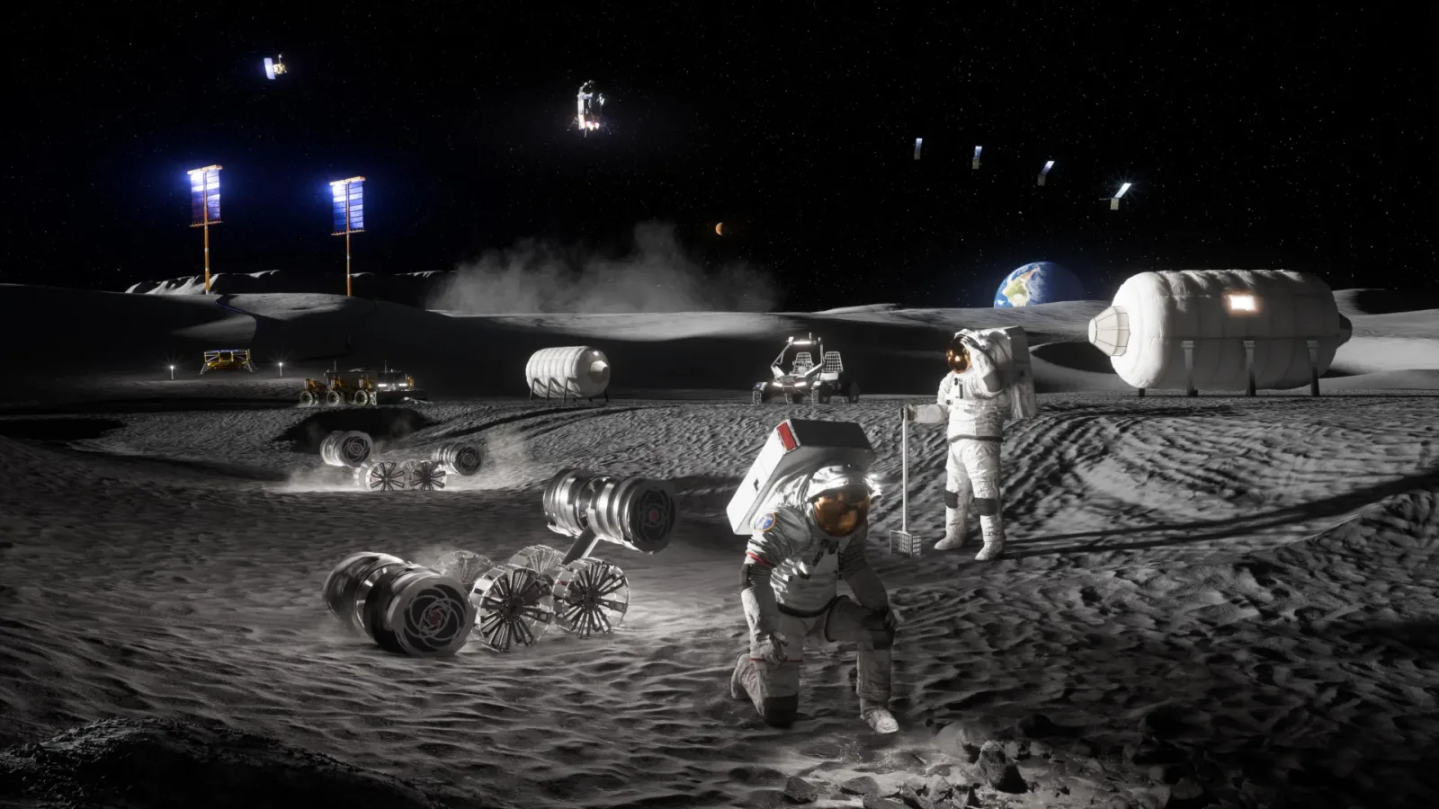 Astronauți pe Lună, explorând mediul lunar și căutând resurse.
