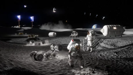 Astronauți pe Lună, explorând mediul lunar și căutând resurse.
