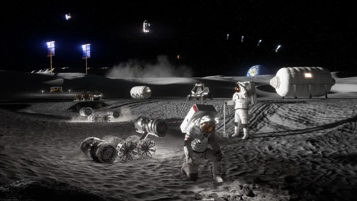 Astronauți pe Lună, explorând mediul lunar și căutând resurse.