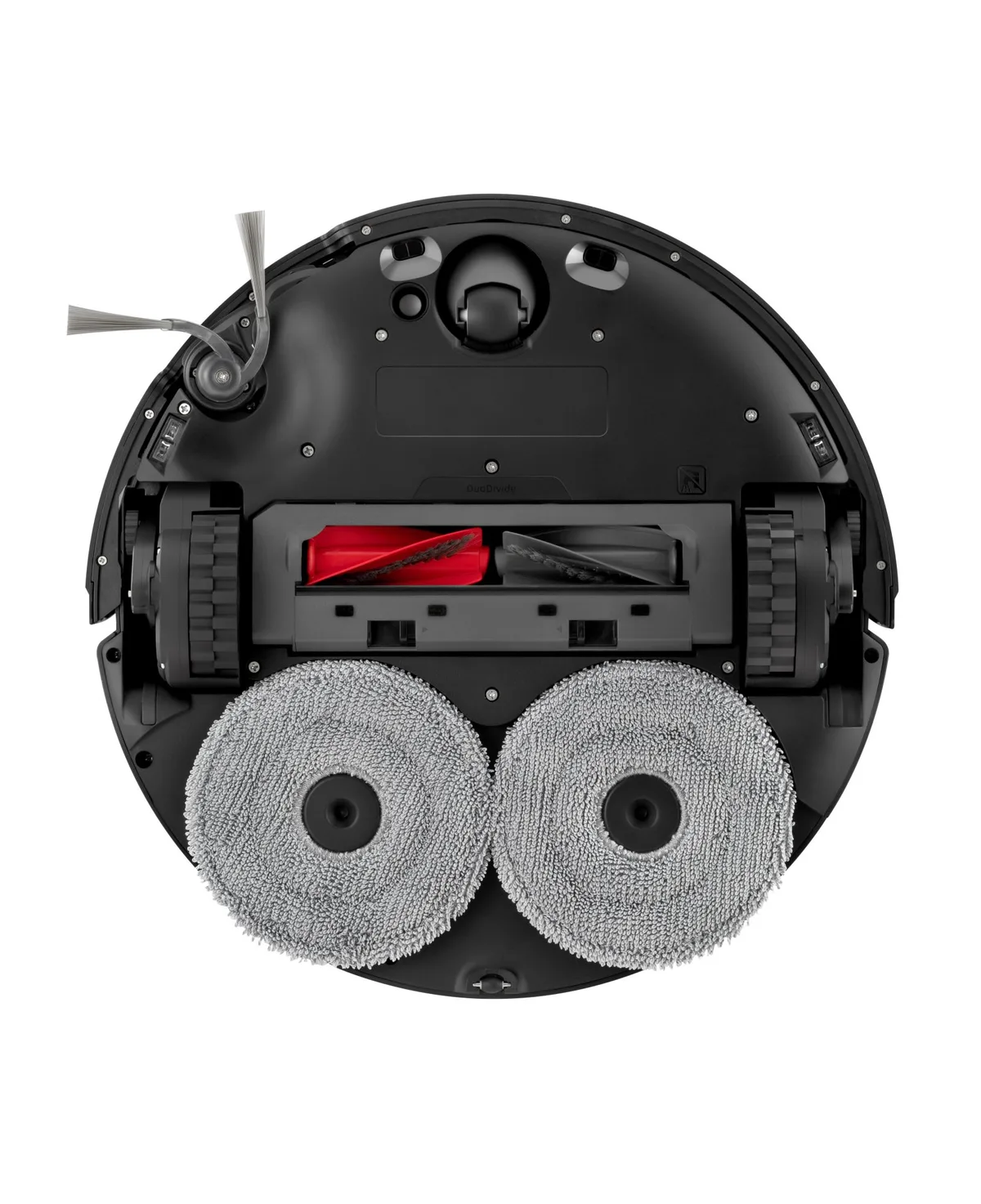 Partea inferioară a robotului aspirator Saros 20, cu mopuri rotative și roți.