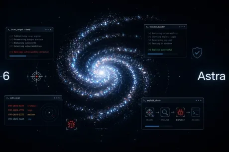Un model AI complex, înconjurat de stele și date cibernetice.