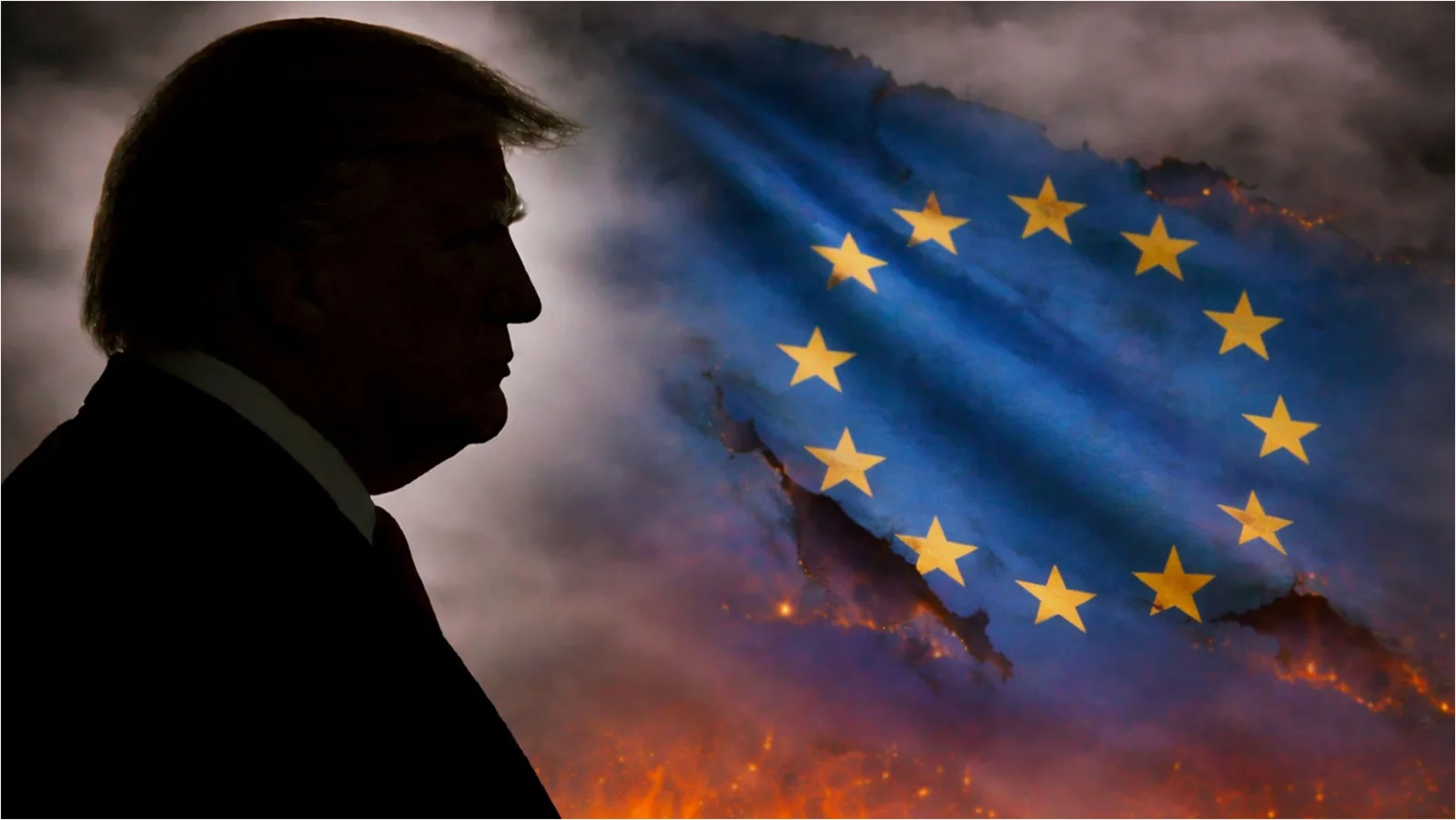 O siluetă umană în fața steagului Uniunii Europene, simbolizând tensiuni geopolitice.