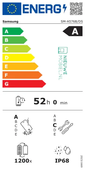 Eticheta energetică pentru Galaxy A57 cu autonomie de 52 ore.