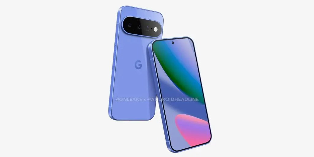 Pixel 11 în nuanțe de albastru, cu cameră duală și logo Google.