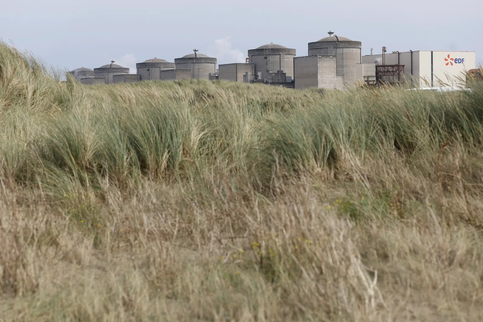 Centrala nucleară Gravelines, cu reactoare în fundal, înconjurată de iarbă.