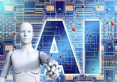 Un robot interacționează cu un fundal tehnologic complex, simbolizând inteligența artificială.