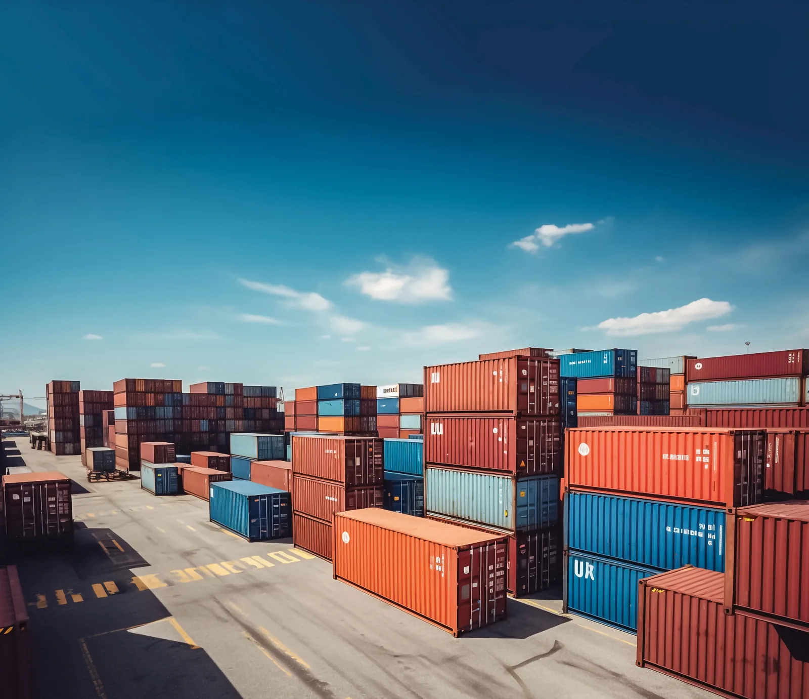 Containere colorate stivuite într-un port de logistică.