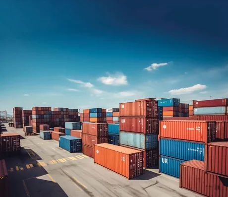 Containere colorate stivuite într-un port de logistică.