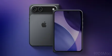 Un smartphone pliabil Apple cu un design elegant și modern, pe fundal colorat.