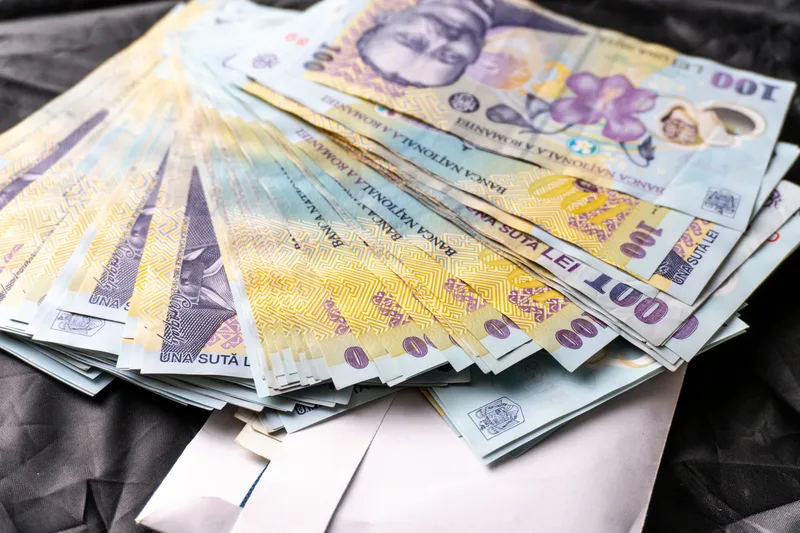 Bancnote românești aranjate pe o suprafață întunecată.