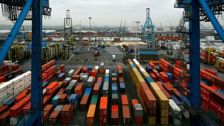 Vedere generală a unui port cu containere colorate și echipamente de transport.