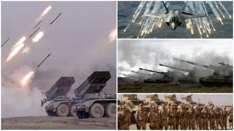 Echipamente militare în acțiune, simbolizând conflicte armate globale.