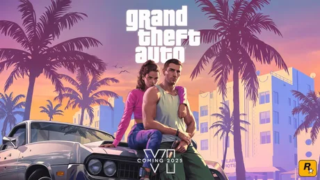 Ilustrație vibrantă din jocul Grand Theft Auto cu personaje și palmieri.