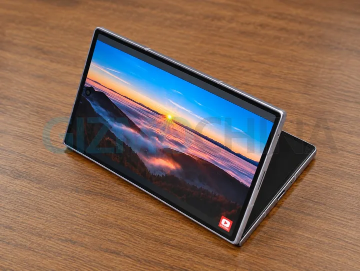 Tableta pliabilă Samsung cu ecran extins la 17 inci, pe un fundal natural.