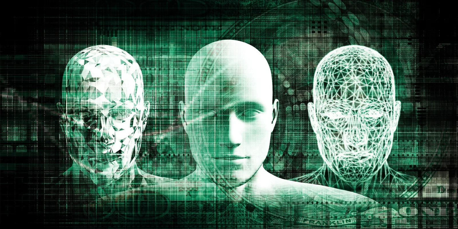 Trei figuri abstracte reprezentând inteligența artificială și inovația tehnologică.