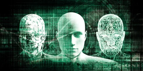 Trei figuri abstracte reprezentând inteligența artificială și inovația tehnologică.