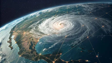 Vedere din spațiu a unui uragan și rețele de date meteorologice.