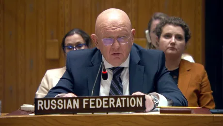 Reprezentantul Rusiei la ONU discutând despre acuzațiile legate de drona de la Galați.