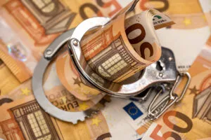 Bancnote de euro prinse într-o cătușă, simbolizând fraudă financiară.