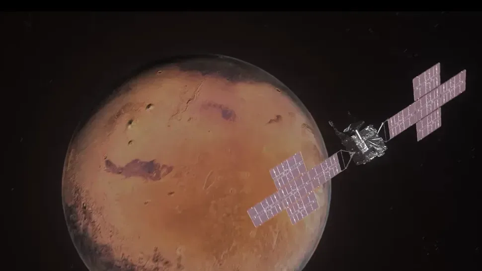 Sonda spațială în orbita planetei Marte, explorând geologia sa.