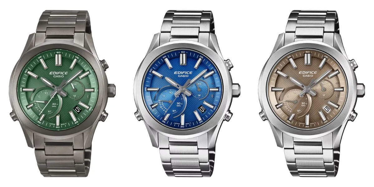Ceas Edifice EQB-1300 cu cadran verde și brățară argintie.