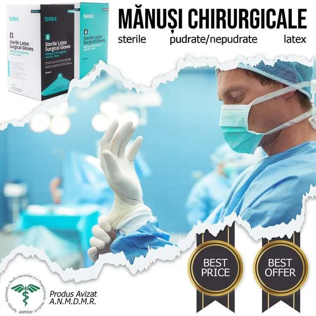 Mânuși chirurgicale sterile, utilizate în proceduri medicale pentru siguranța pacienților.
