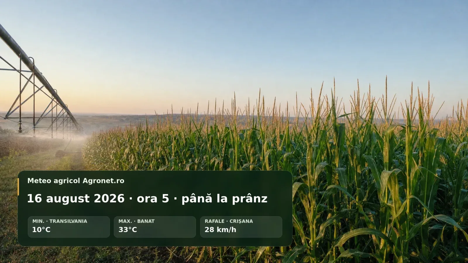 Câmp de porumb în Banat, sub soare intens și vânt ușor.