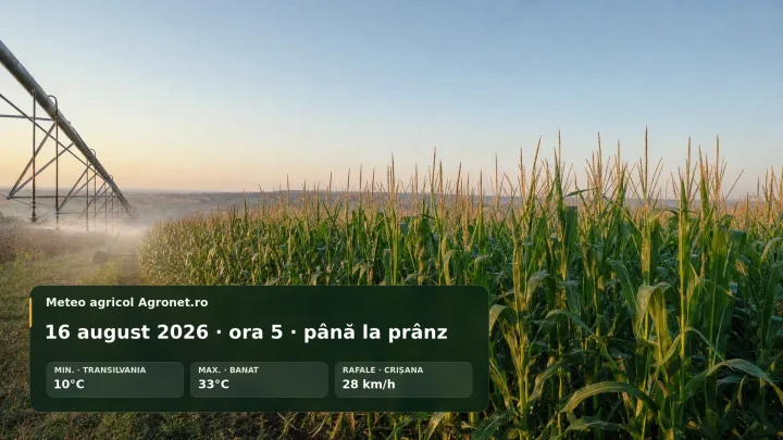 Câmp de porumb în Banat, sub soare intens și vânt ușor.