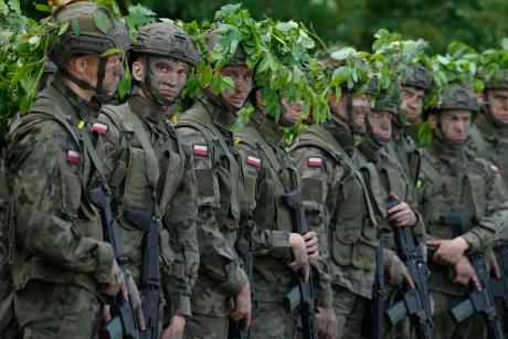 Soldați polonezi în uniformă, cu frunze pe cap, pregătiți de acțiune.