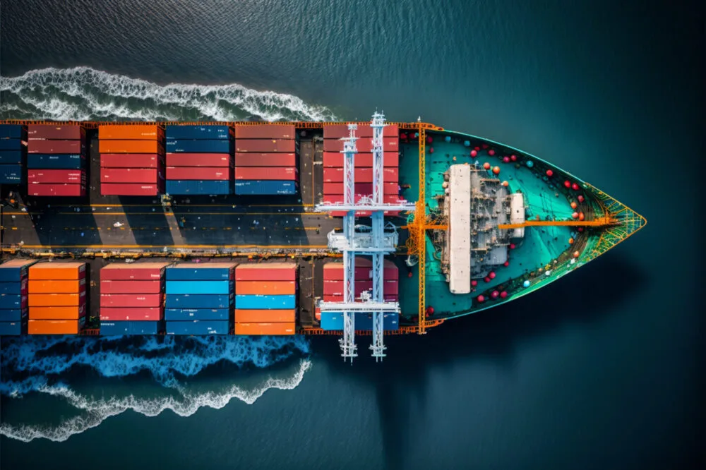 Vapor de transport maritim încărcat cu containere colorate pe apă.