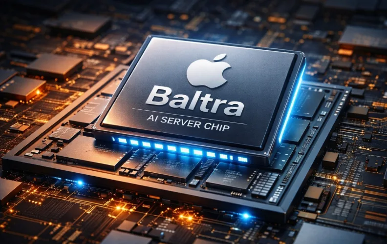 Cipul Baltra de la Apple, destinat serverelor AI, pe un fundal tehnologic avansat.
