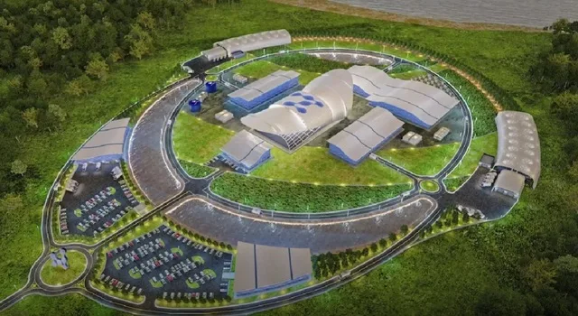 Viziune artistică a proiectului de centrală SMR din Idaho, cu clădiri și infrastructură modernă.