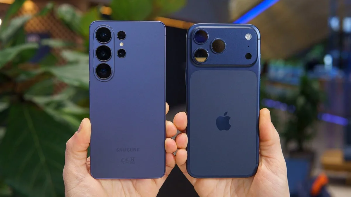 Compararea telefoanelor Galaxy S26 Ultra și iPhone 17 Pro Max în mâinile unei persoane.